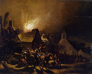 Marauders foran en brændende landsby